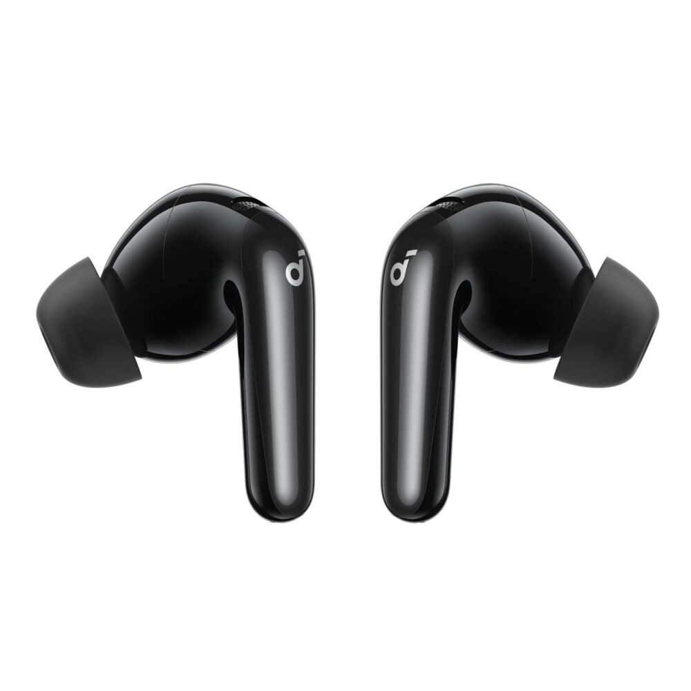 Rear view of the black Soundcore P31i true wireless earbuds showing their silicone ear tips