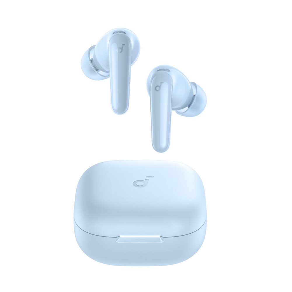 Blue Soundcore P31i true wireless earbuds displayed above their matching charging case
