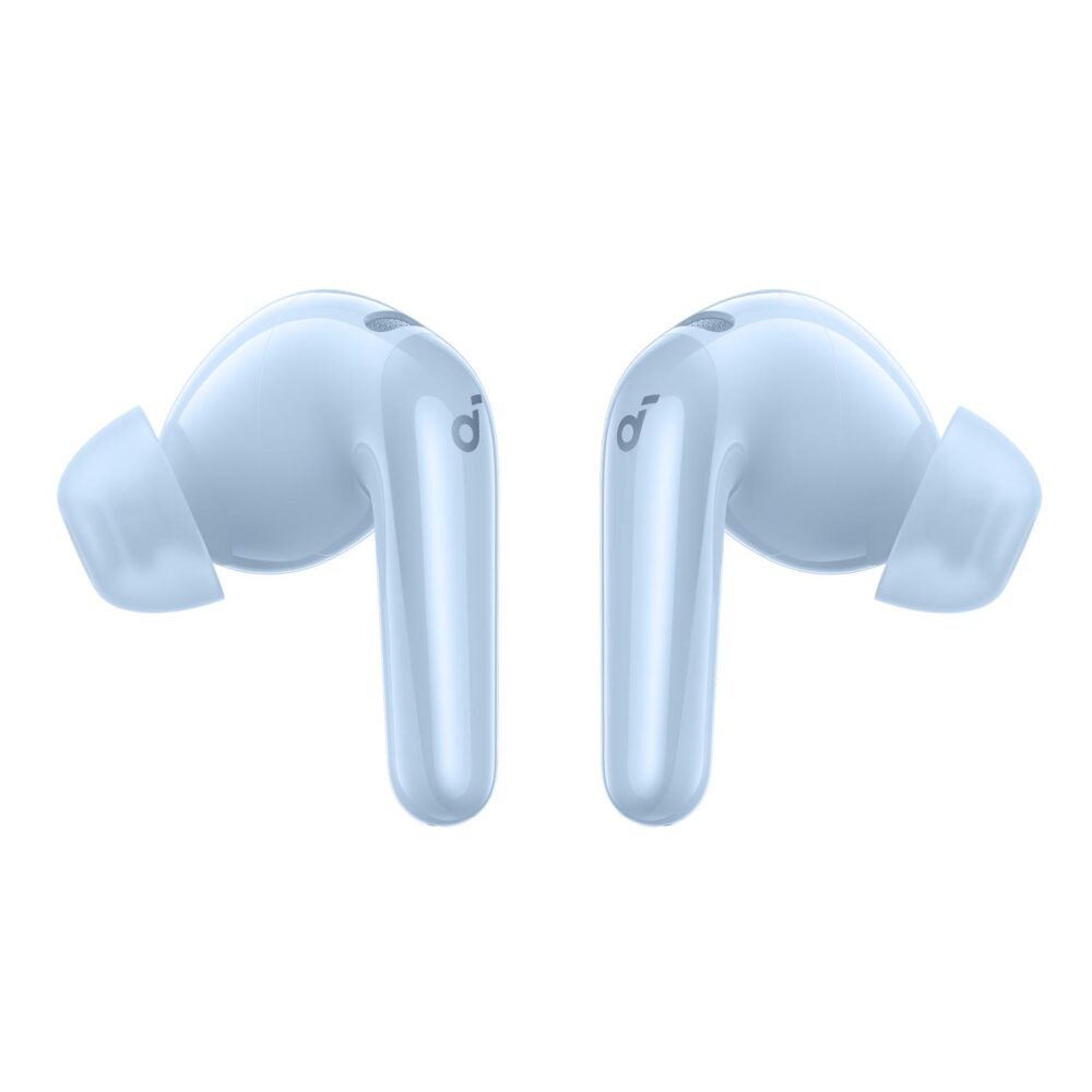Rear view of the blue Soundcore P31i true wireless earbuds showing their silicone ear tips