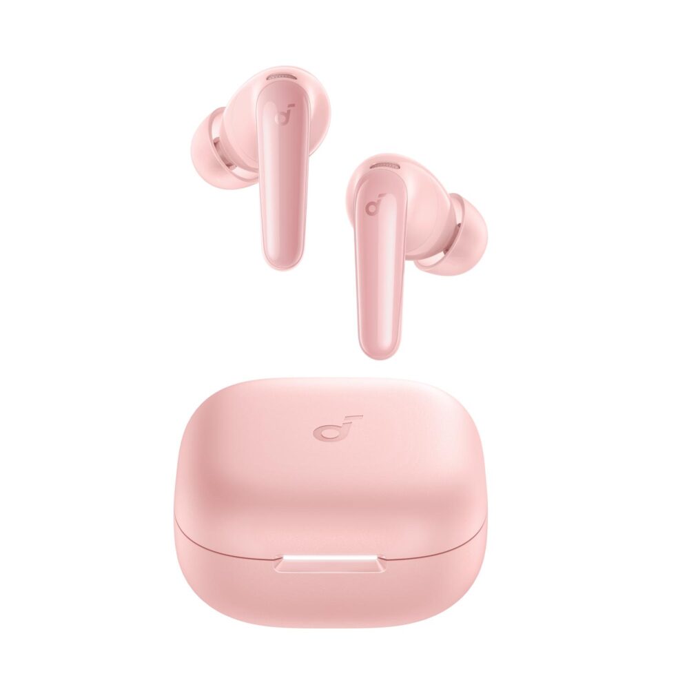 Pink Soundcore P31i true wireless ANC earbuds displayed above their matching charging case