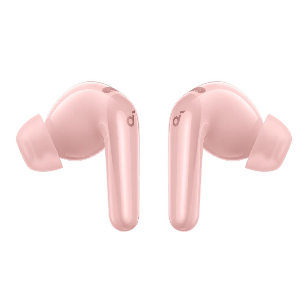 Rear view of the pink Soundcore P31i true wireless ANC earbuds showing their silicone ear tips
