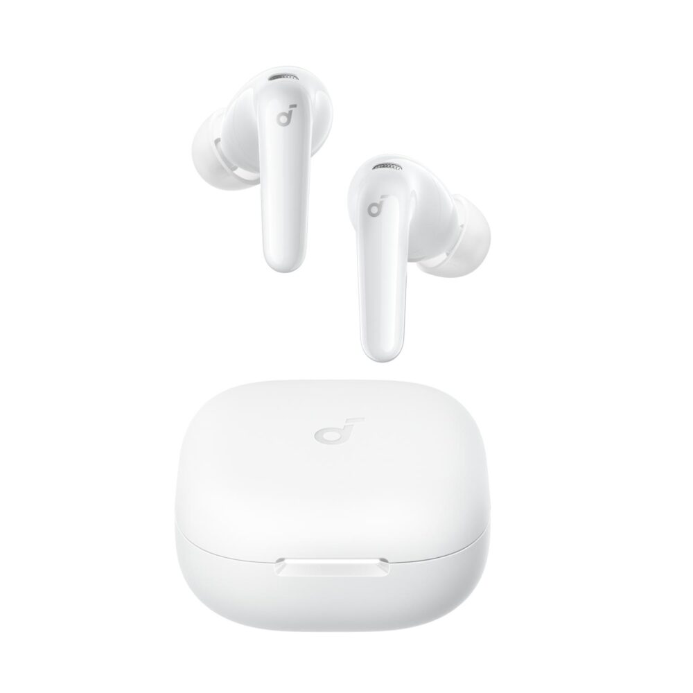 White Soundcore P31i true wireless earbuds displayed above their matching charging case