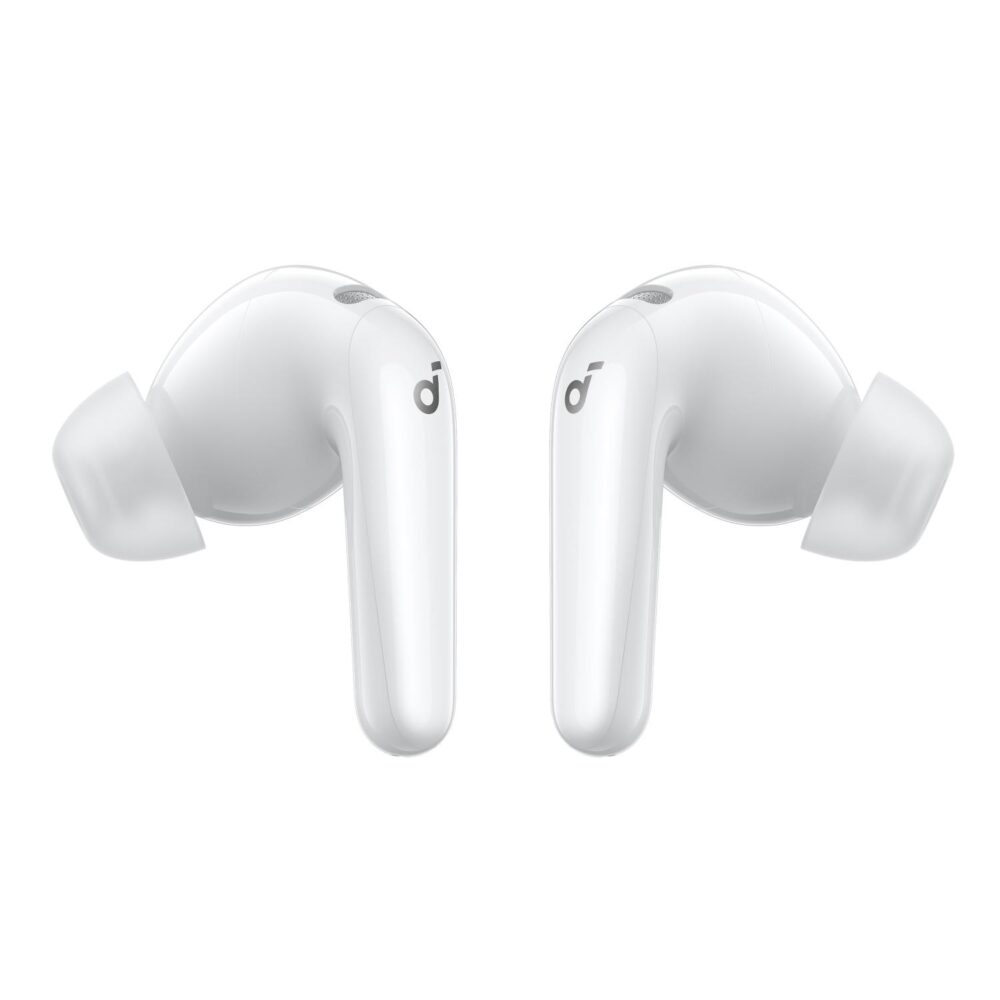 Rear view of the white Soundcore P31i true wireless earbuds showing their silicone ear tips