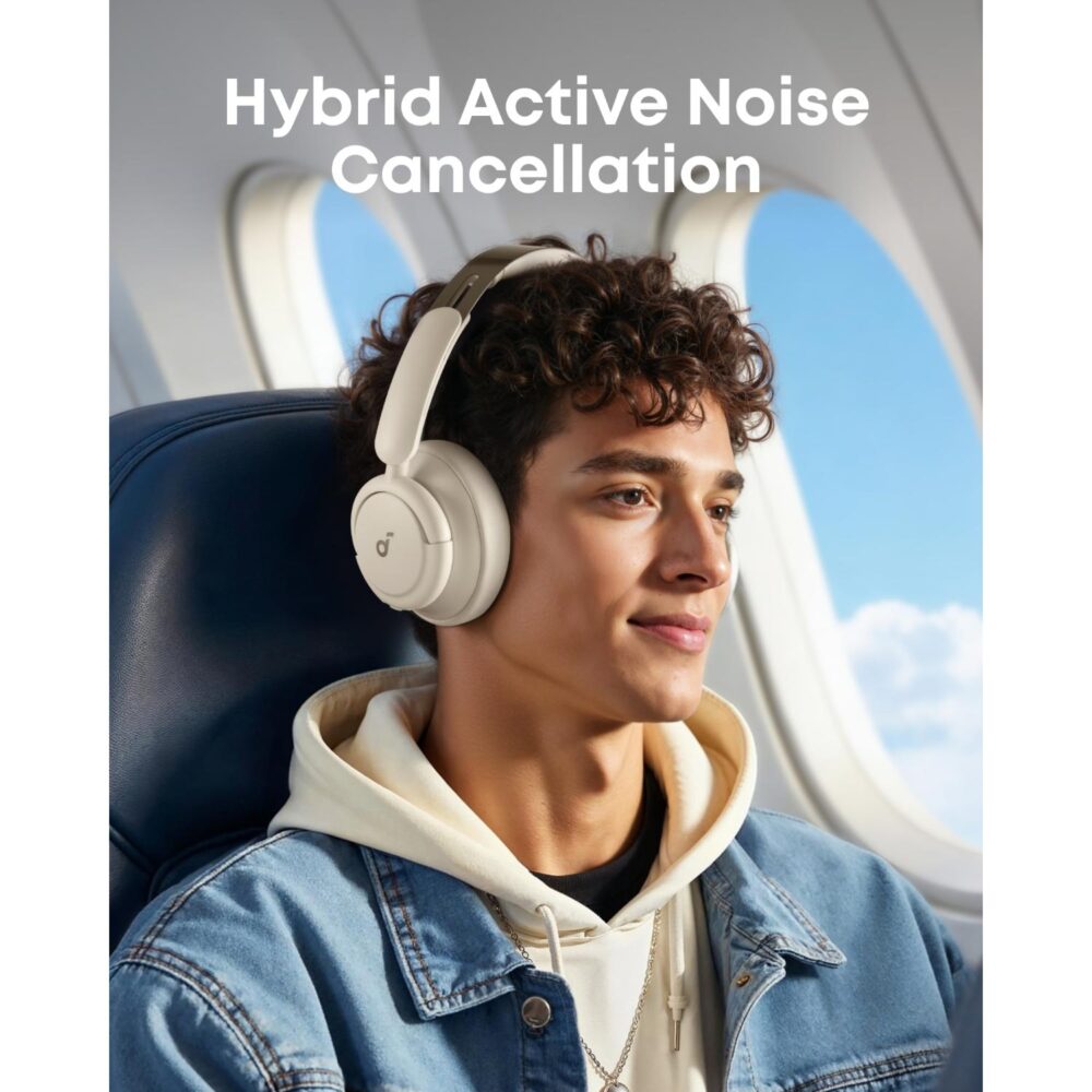 White Soundcore Q30 ANC wireless headphones worn by a passenger seated beside an aircraft window