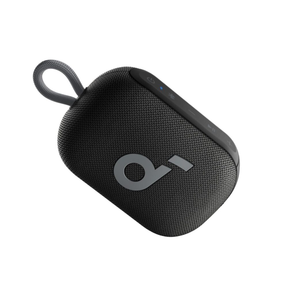 Black Soundcore Select 4 Go Bluetooth speaker shown close up with its control panel and carrying strap visible