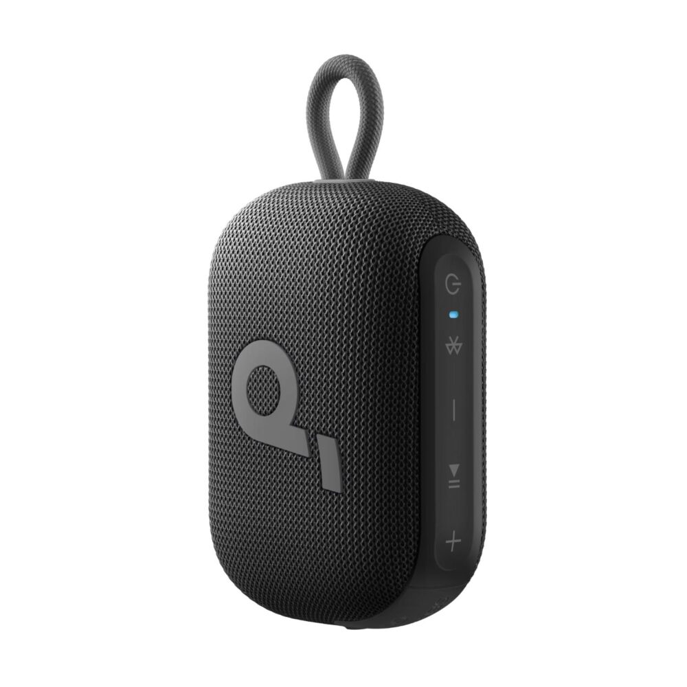 Upright black Soundcore Select 4 Go Bluetooth speaker showing the side control panel and carrying strap