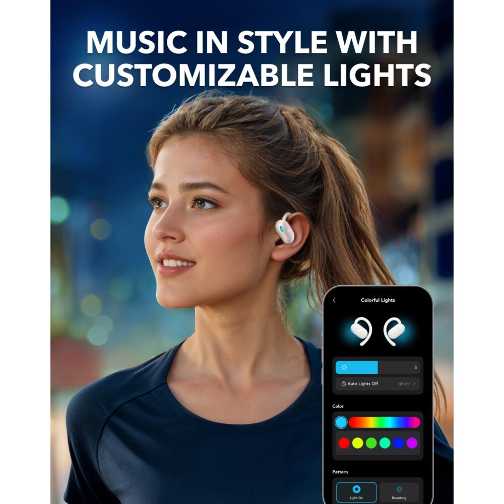 Soundcore V20i earbud worn during exercise beside a phone showing the customisable light controls