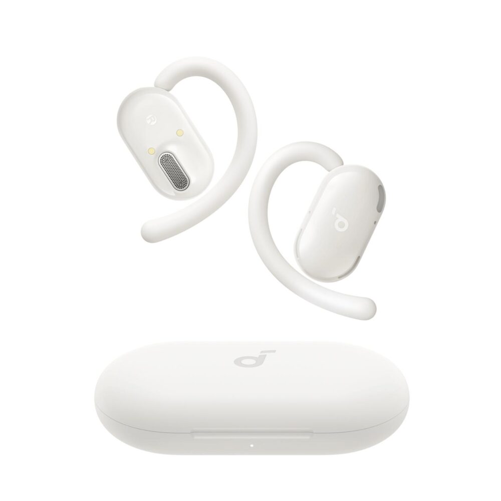 White Soundcore V20i open-ear earbuds displayed above their matching charging case