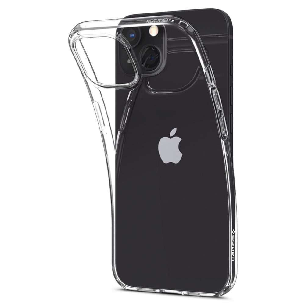 An Apple iPhone 13 Clear Spigen Liquid Crystal Cell Phone Back Cover for your Mobile Device Protection.