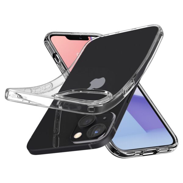 A Clear Apple iPhone 13 Spigen Liquid Crystal Cell Phone Back Cover for your Mobile Device Protection.