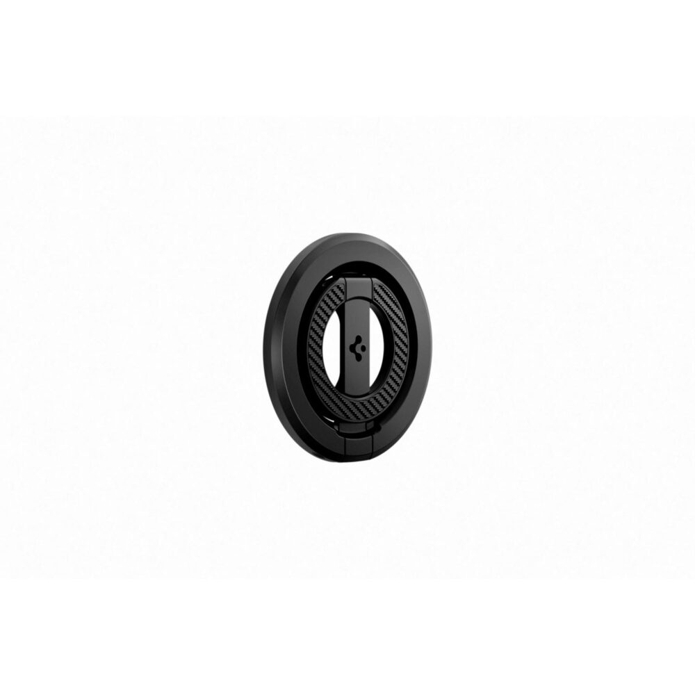 Angled view of the black Spigen dual magnet phone holder showing its folding ring design