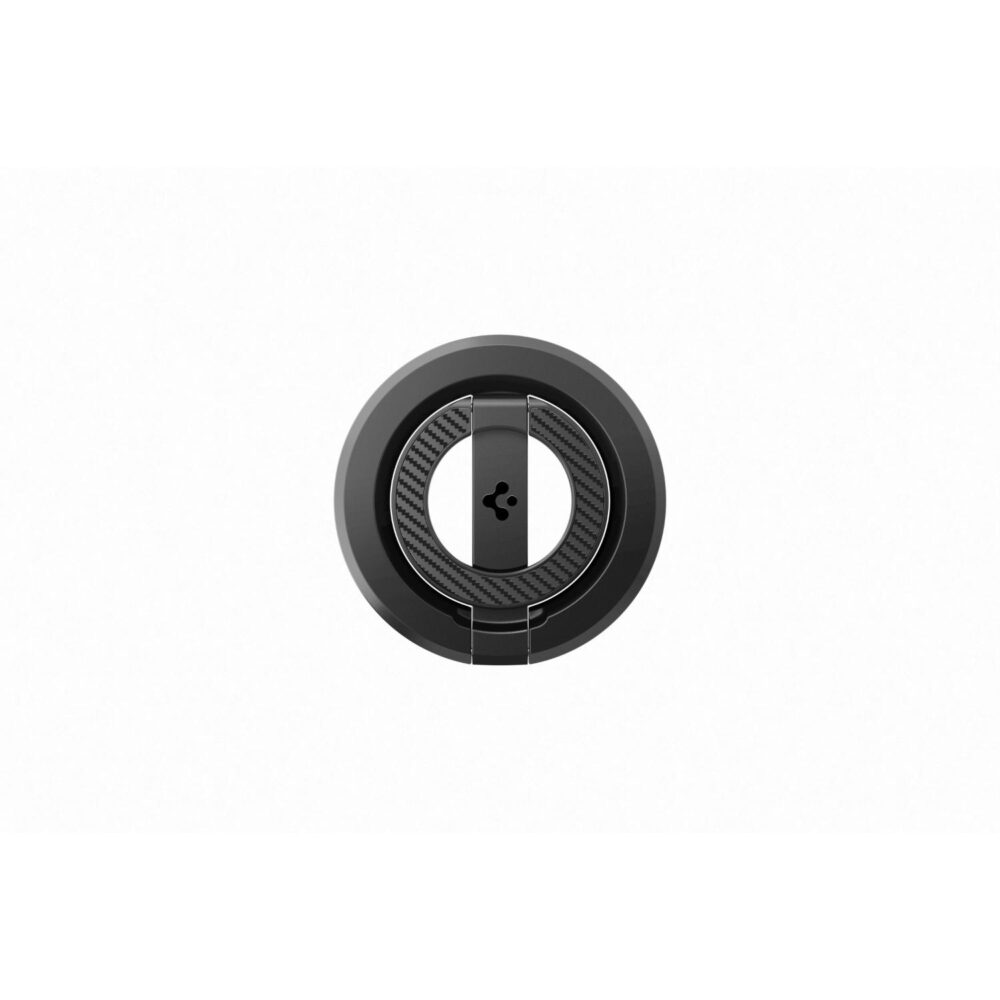 Front view of the black Spigen dual magnet phone holder showing its circular ring and carbon-fibre detailing