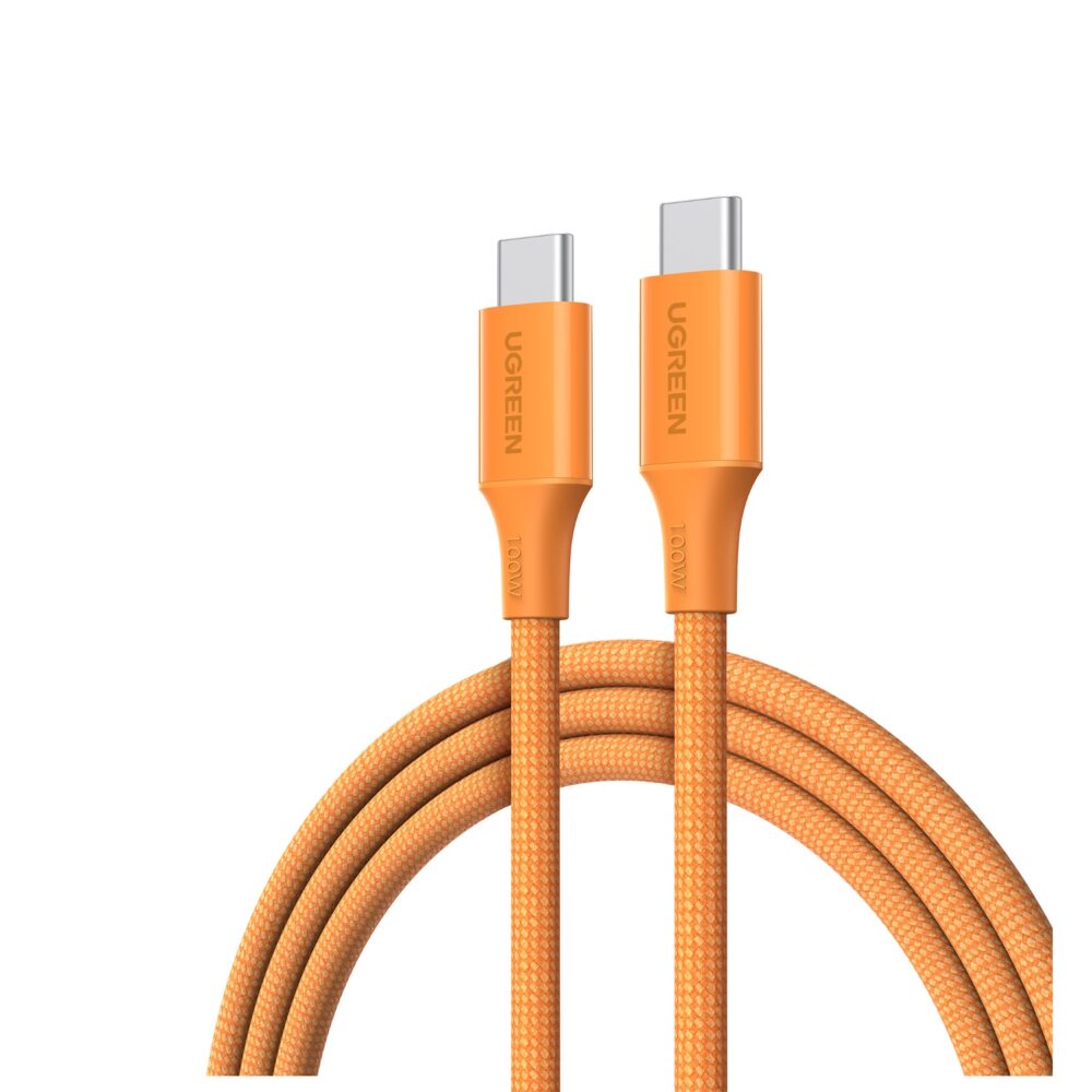Close-up of both USB-C connectors on the orange UGREEN 100W braided cable