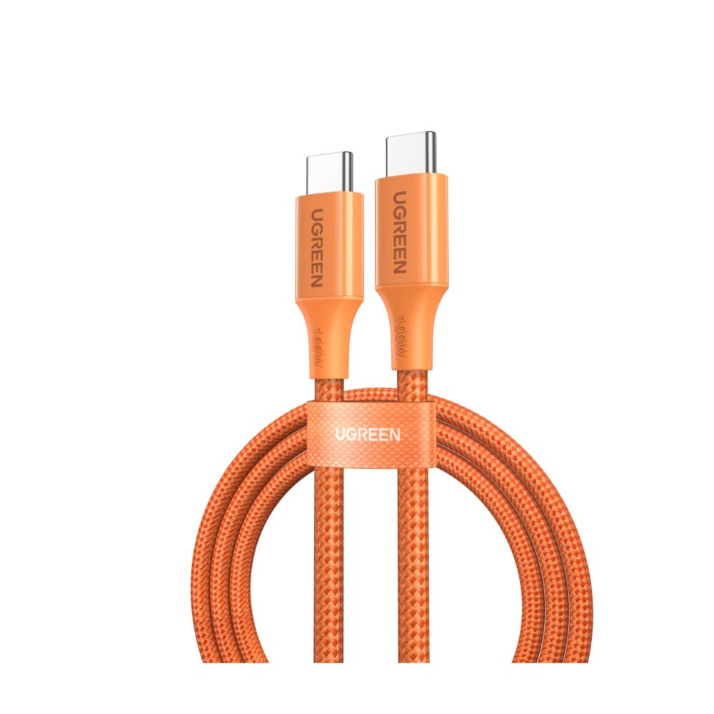 Orange 1m UGREEN 100W USB-C to USB-C braided PD cable with both connectors visible