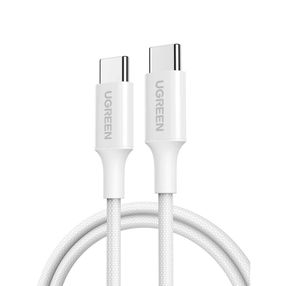 White 1m UGREEN 60W USB-C to USB-C braided cable with both connectors visible