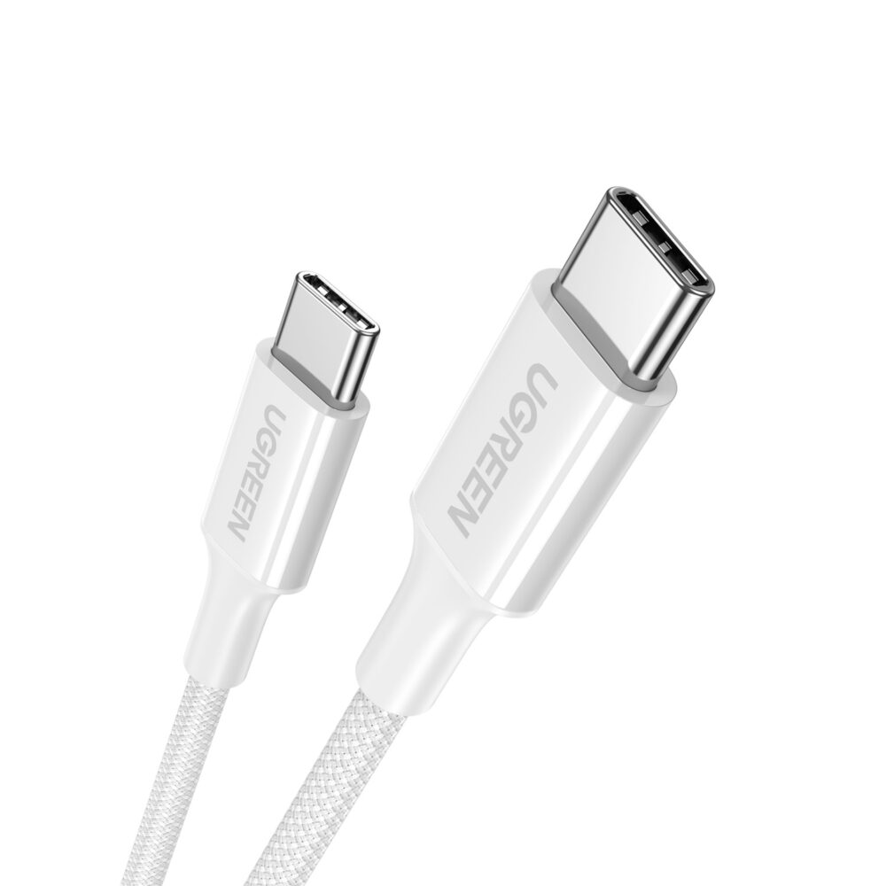 Close-up view of the connectors on the white UGREEN 60W USB-C to USB-C braided cable