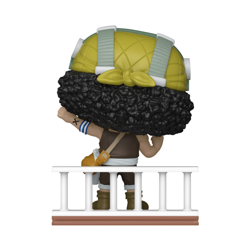 Usopp One Piece Funko Pop #2333 shown from behind at a white balcony railing with his arm raised