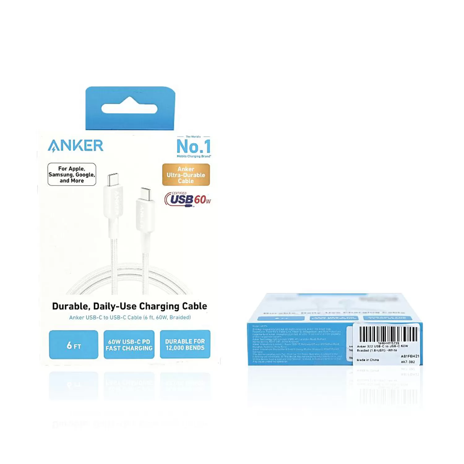 Anker 60W Type C To Type C Cable - 1.8m White Braided - Image 6