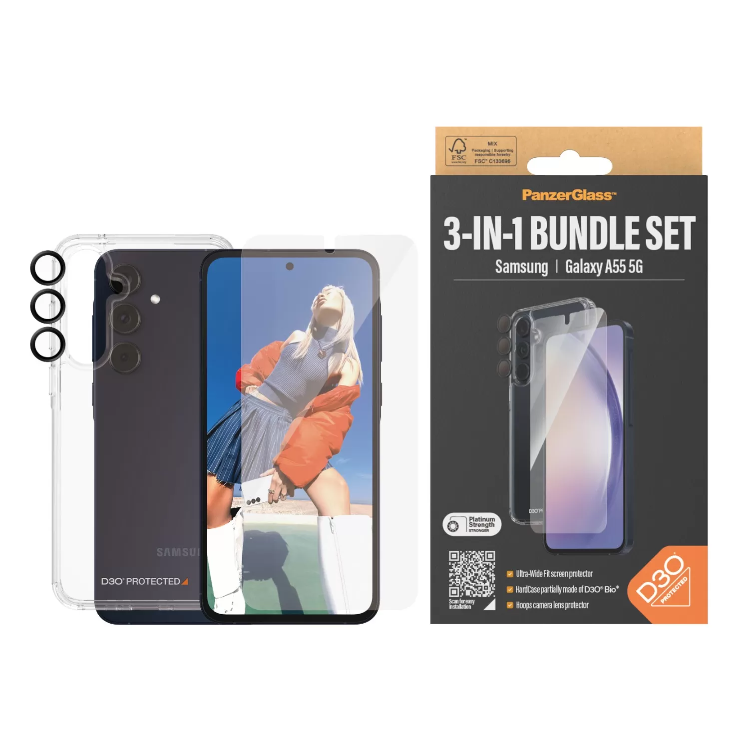 Samsung Galaxy A55 5G PanzerGlass Bundle – Cover + Screen Protector + Camera Protector