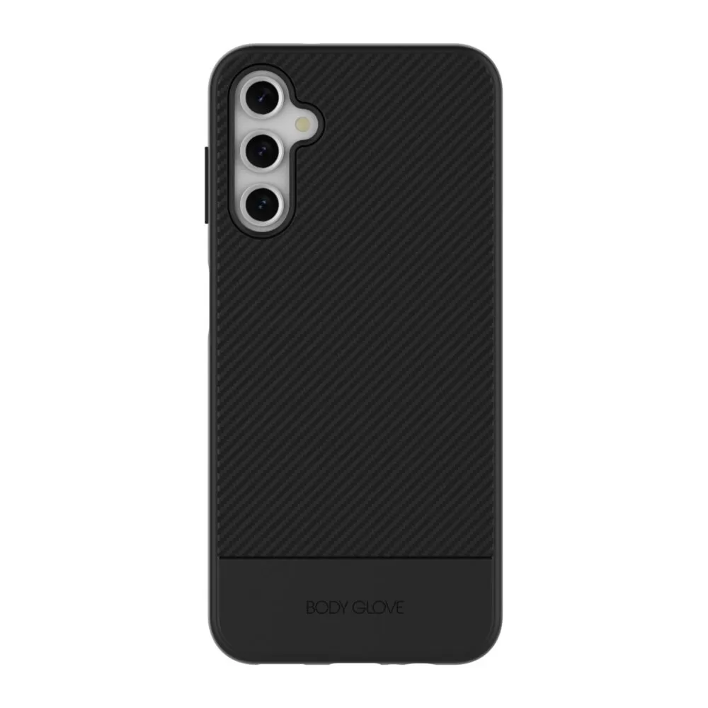 Black Samsung Galaxy 14 4G Phone Case with a carbon fiber design pattern.