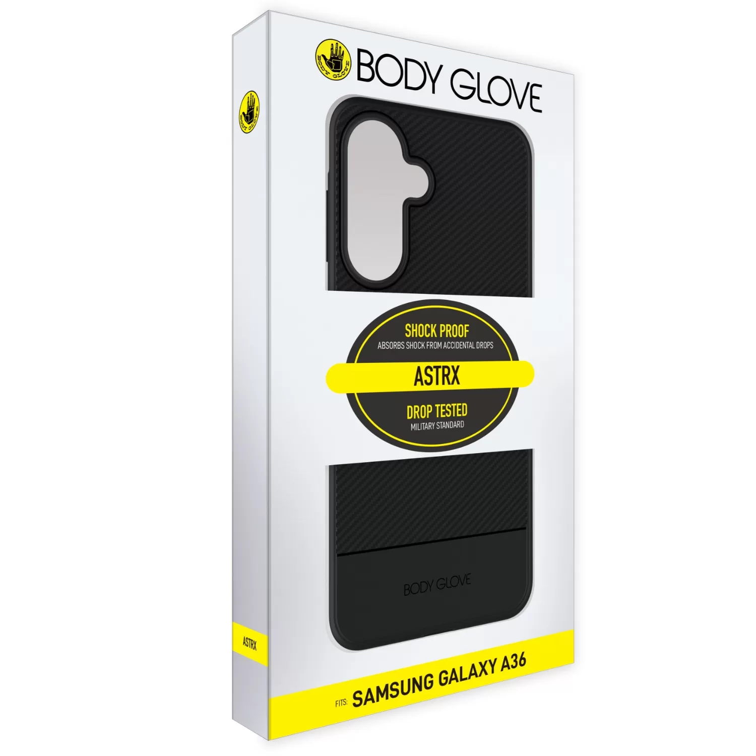 Front view of the retail packaging for Body Glove Astrx Case for Samsung Galaxy A36 Black