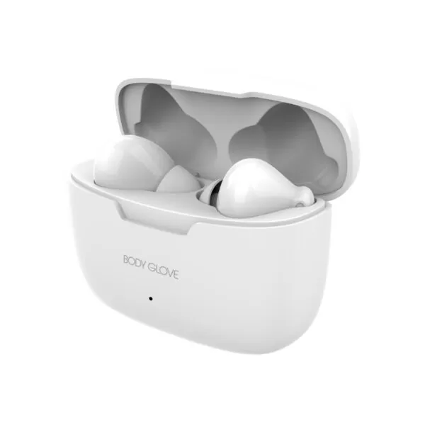 Body Glove Essentials TWS Lux Series earbuds in white, providing wireless audio for an immersive listening experience.