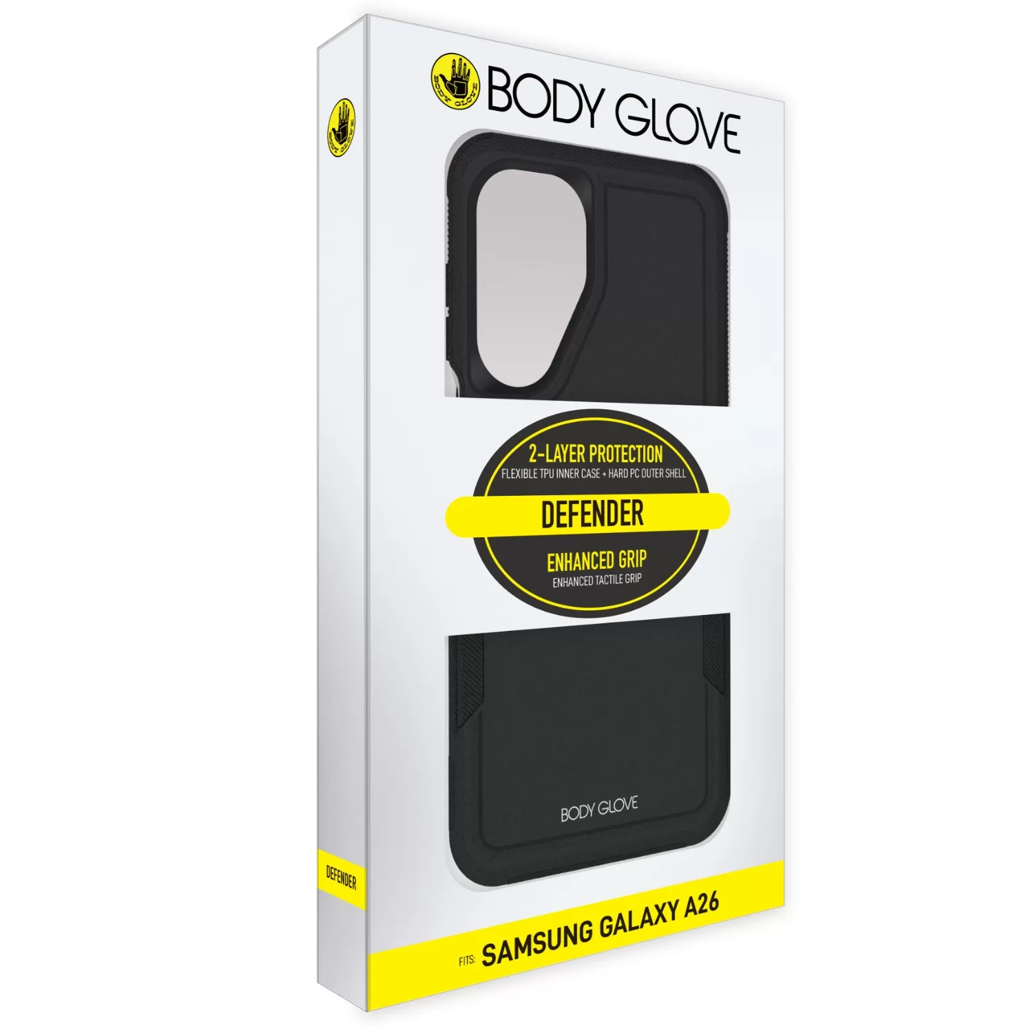 Front view of the retail packaging for Body Glove Defender cover for Samsung Galaxy A26 Black