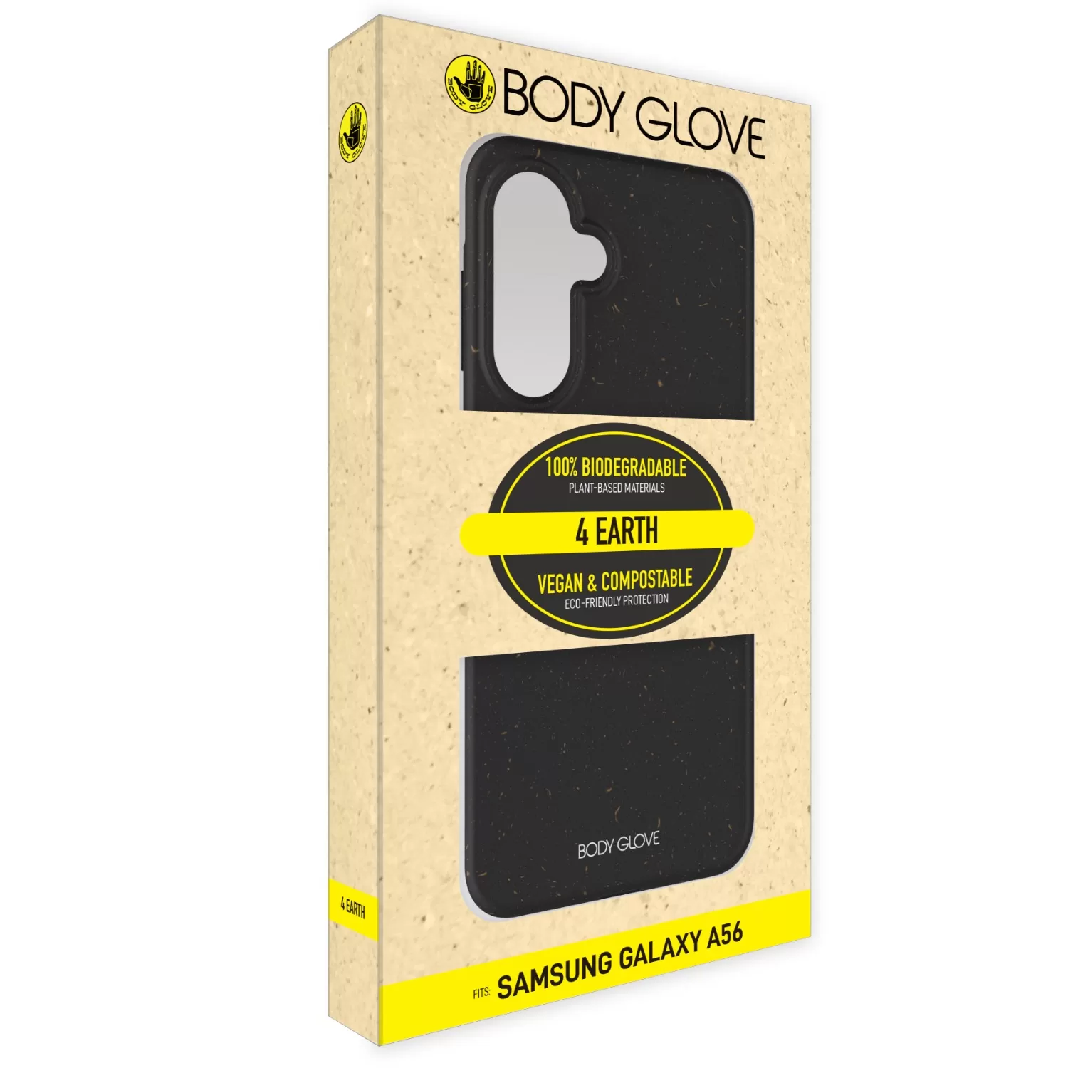 Front view of the retail packaging for the Body Glove 4Earth Bio cover for Samsung Galaxy A56 in black