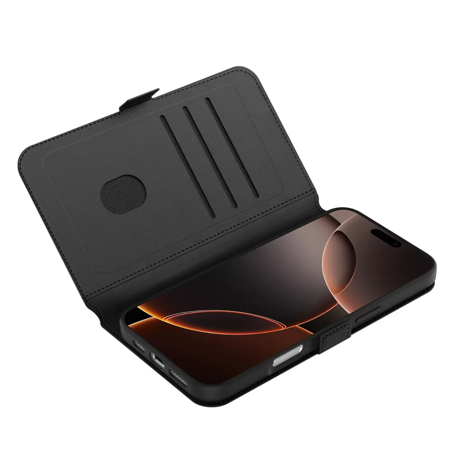 Apple iPhone 16 Pro Max Body Glove Flip wallet case, flat open showing card slots and kickstand media stand