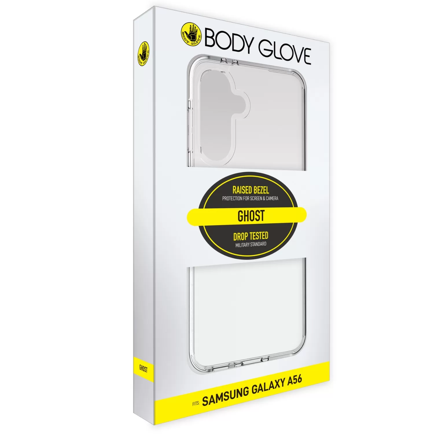 Front view of the retail packaging for the Body Glove Ghost cover for Samsung Galaxy A56 in clear