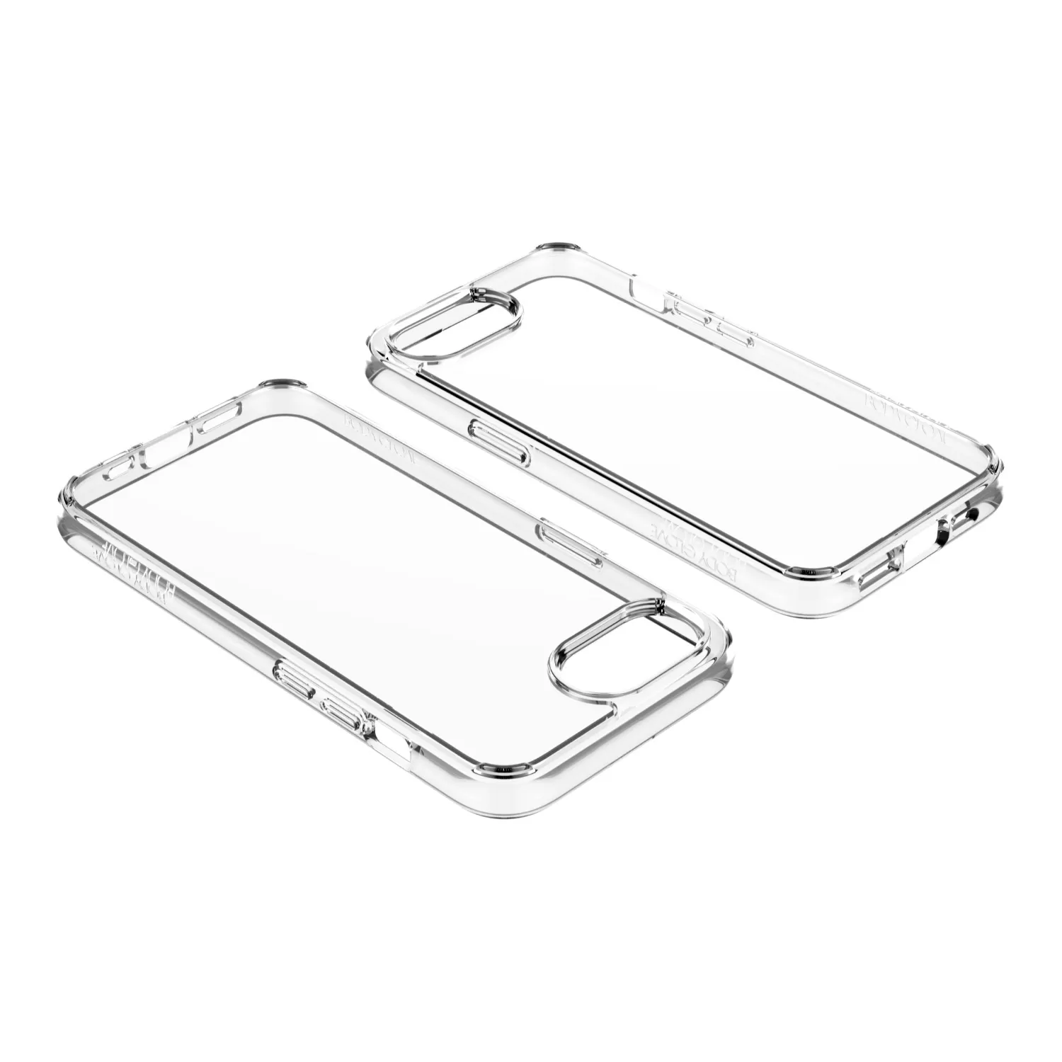 Top angle view highlighting the precise cutouts of the clear Body Glove Ghost Case for Apple iPhone 16e