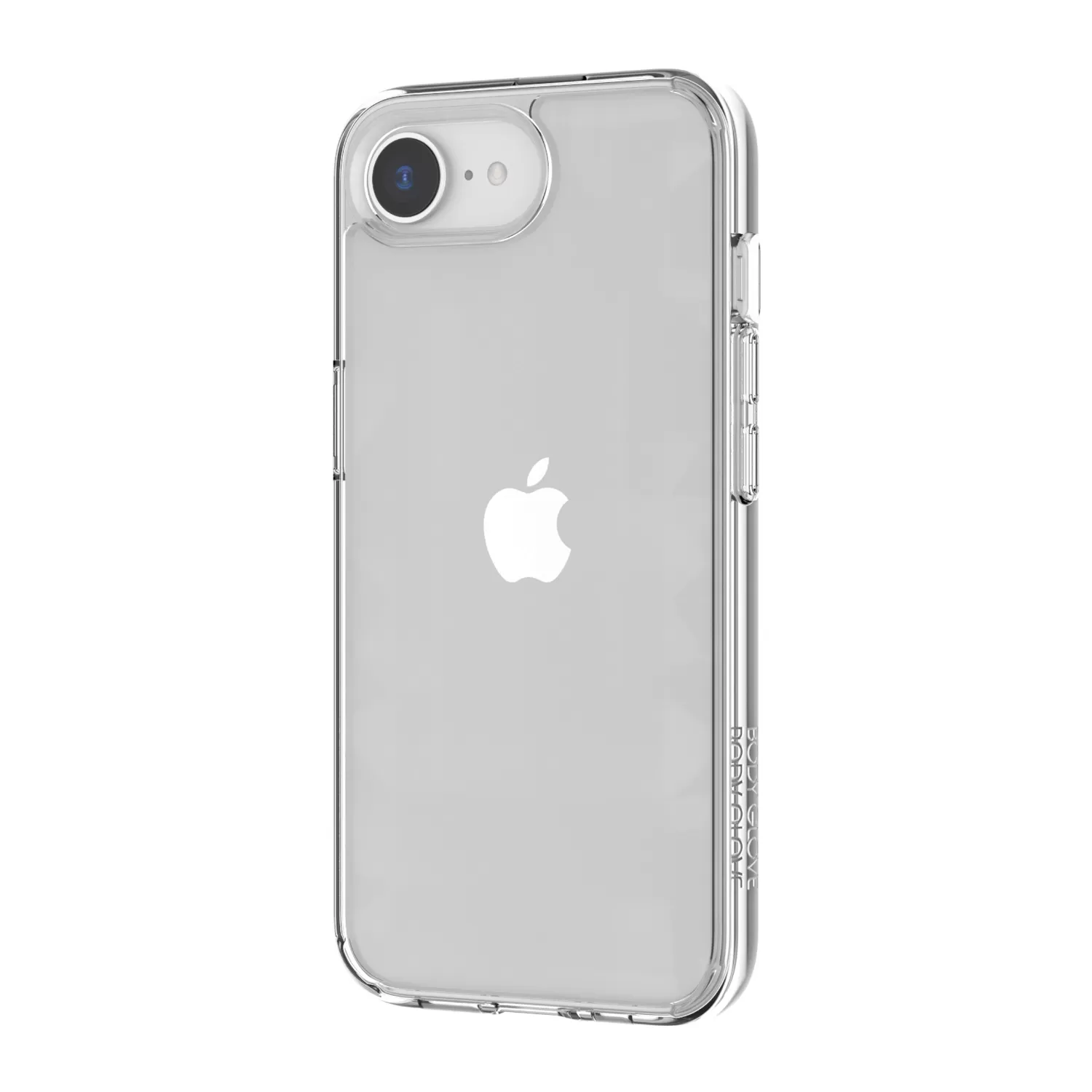 Top angle view highlighting the precise cutouts of the clear Body Glove Ghost Case for Apple iPhone 16e