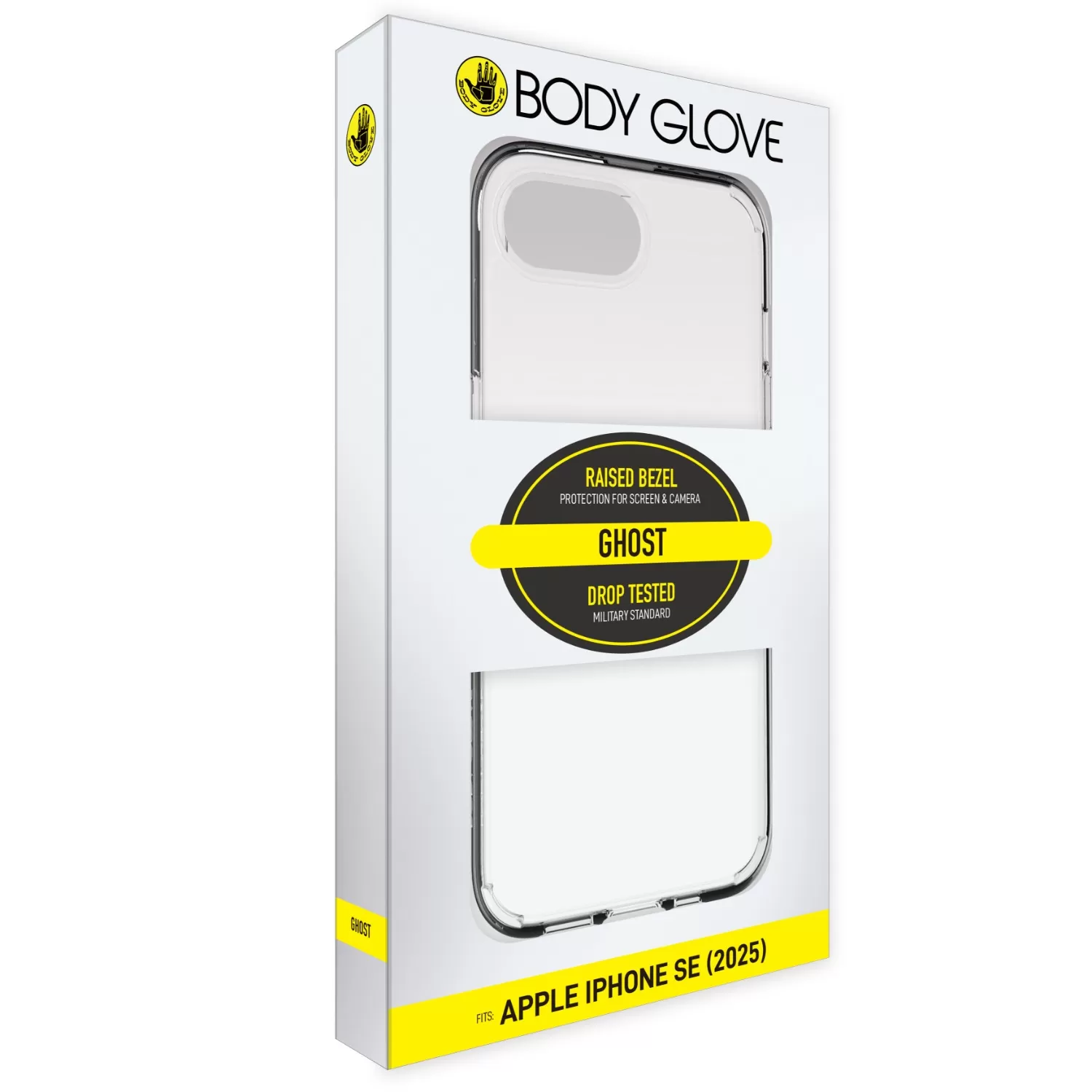 Highlighting the ultra-thin 1.5mm design of the clear Body Glove Ghost Case for Apple iPhone 16e