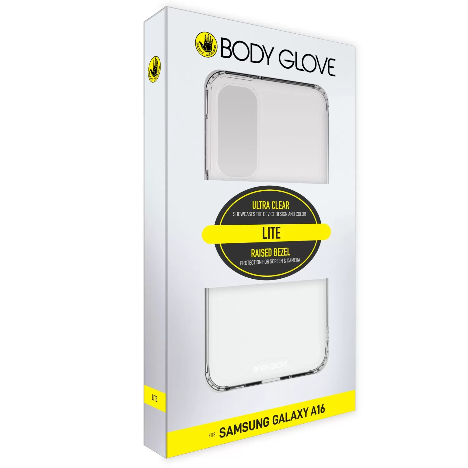 Samsung Galaxy A16 clear phone case by Body Glove, displayed in its packaging with a slim and lightweight design.