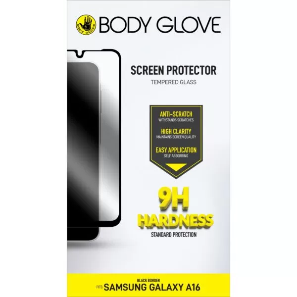 Packaging of the Samsung Galaxy A16 tempered glass highlighting the features of the screen protector.