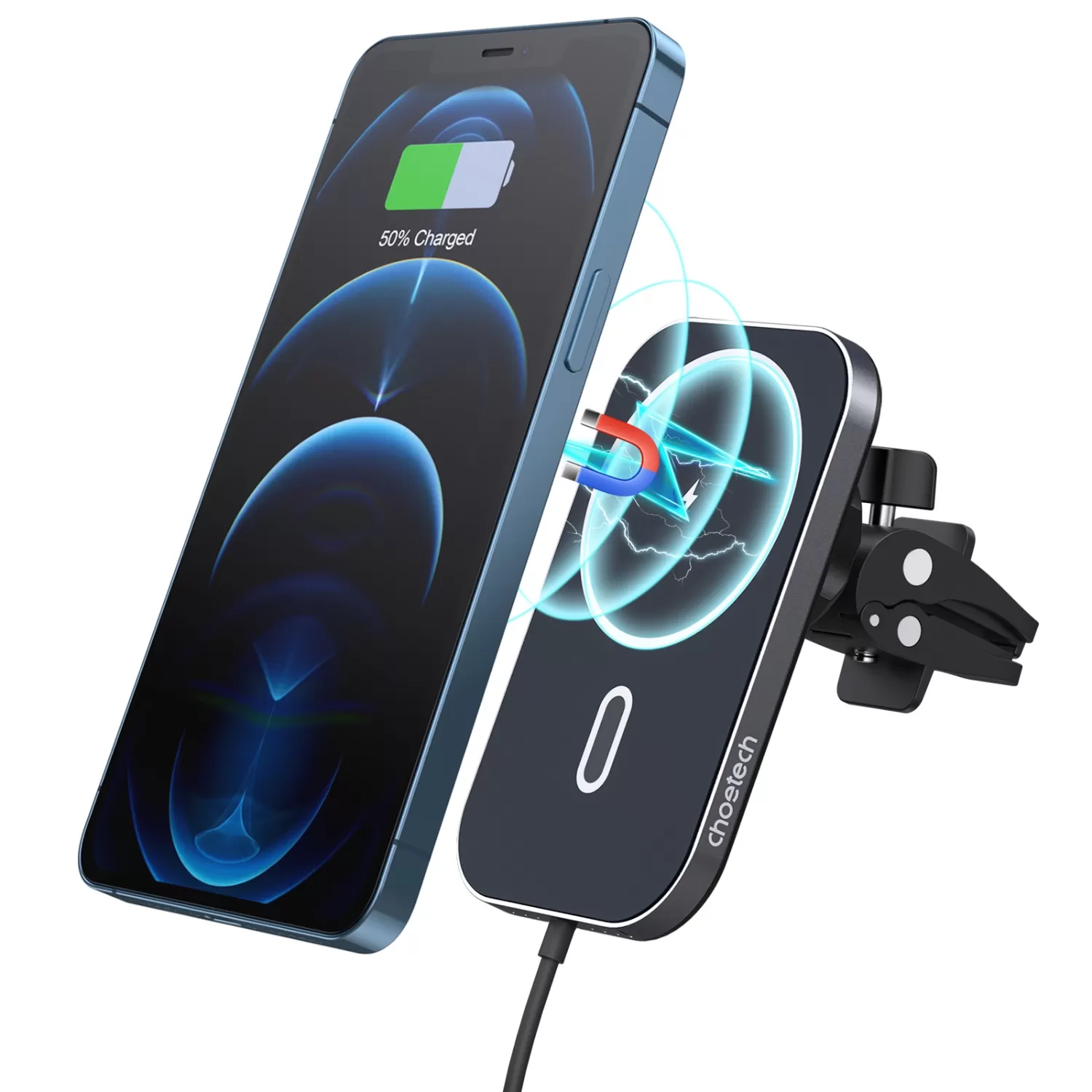 Choetech 15W Magnetic Wireless Car Charger - Black - Image 2