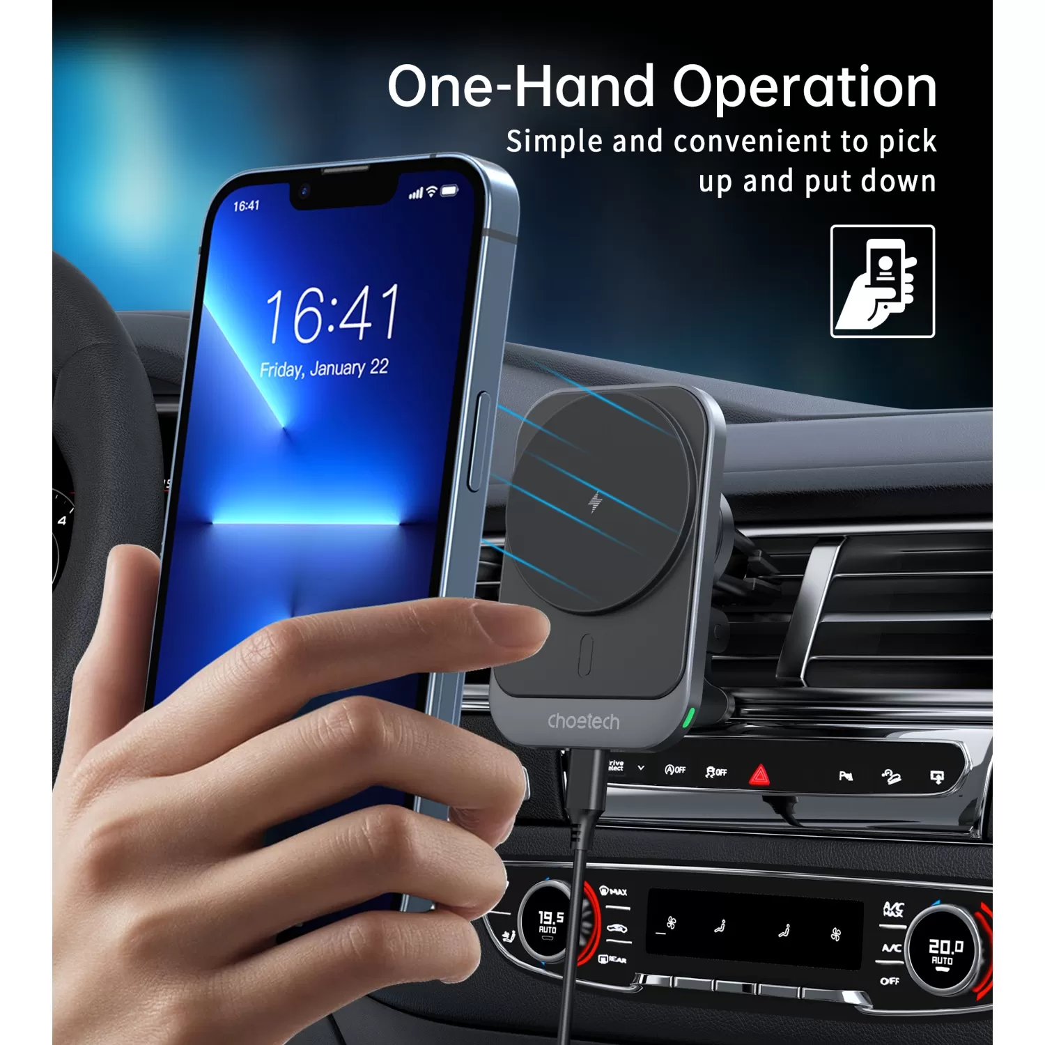 Choetech 15W Magnetic Wireless Car Charger - Black - Image 3