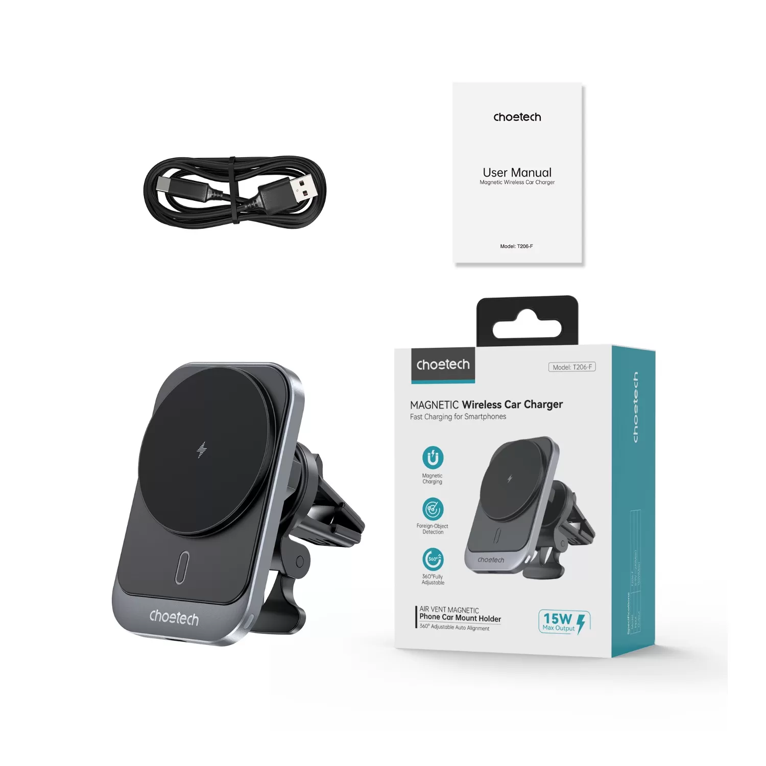 Choetech 15W Magnetic Wireless Car Charger - Black - Image 9