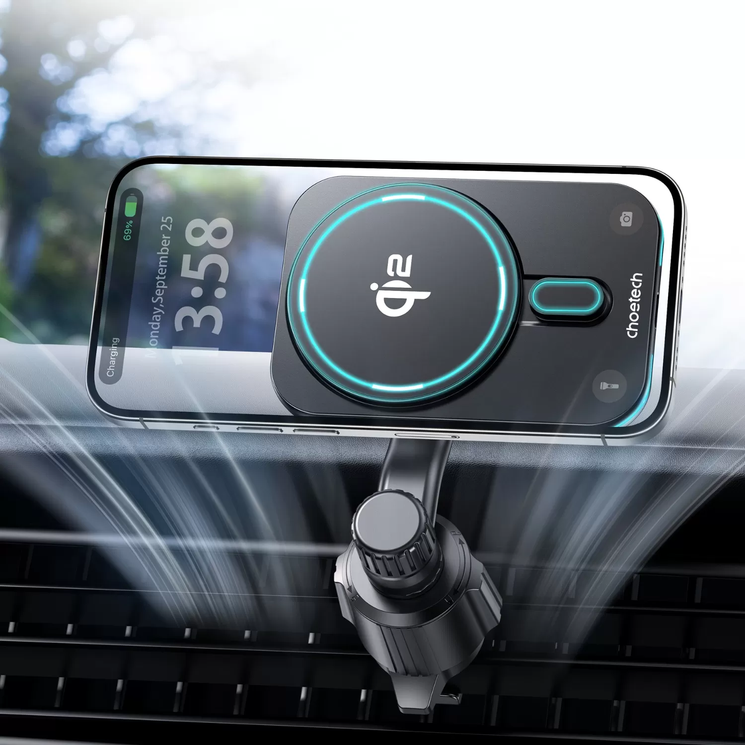 Choetech 15W Magnetic Wireless Car Charger - Black - Image 5