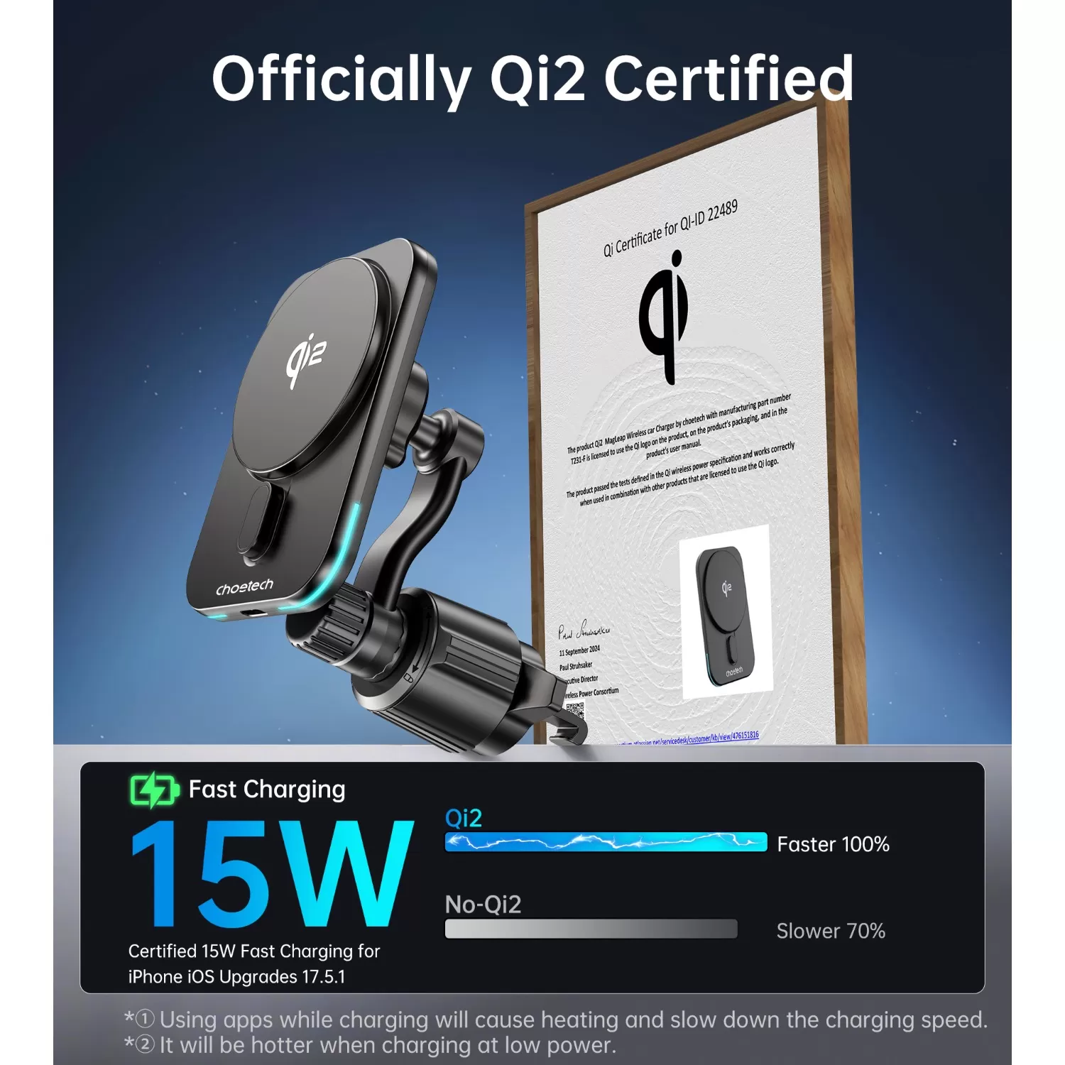 Choetech 15W Magnetic Wireless Car Charger - Black - Image 7