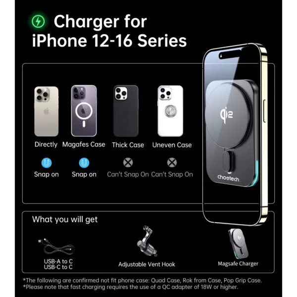 Choetech 15W Car Magnetic Wireless Charger - Black - Image 9