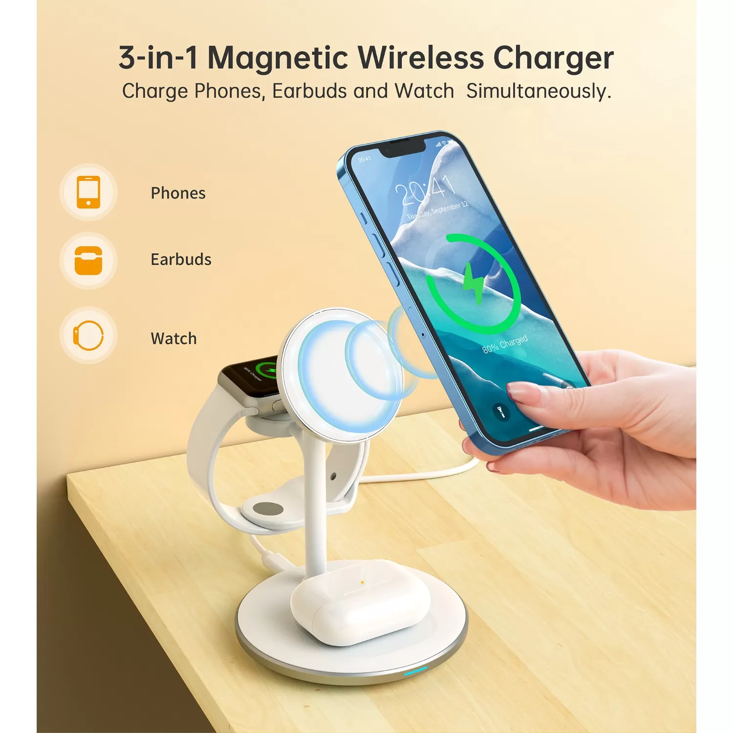 Choetech 15W 3-in-1 Magnetic Wireless Charger - White - Image 5