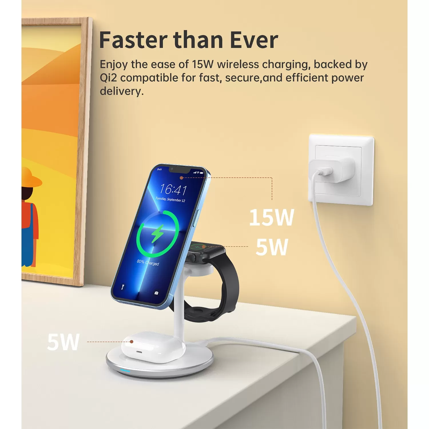 Choetech 15W 3-in-1 Magnetic Wireless Charger - White - Image 8