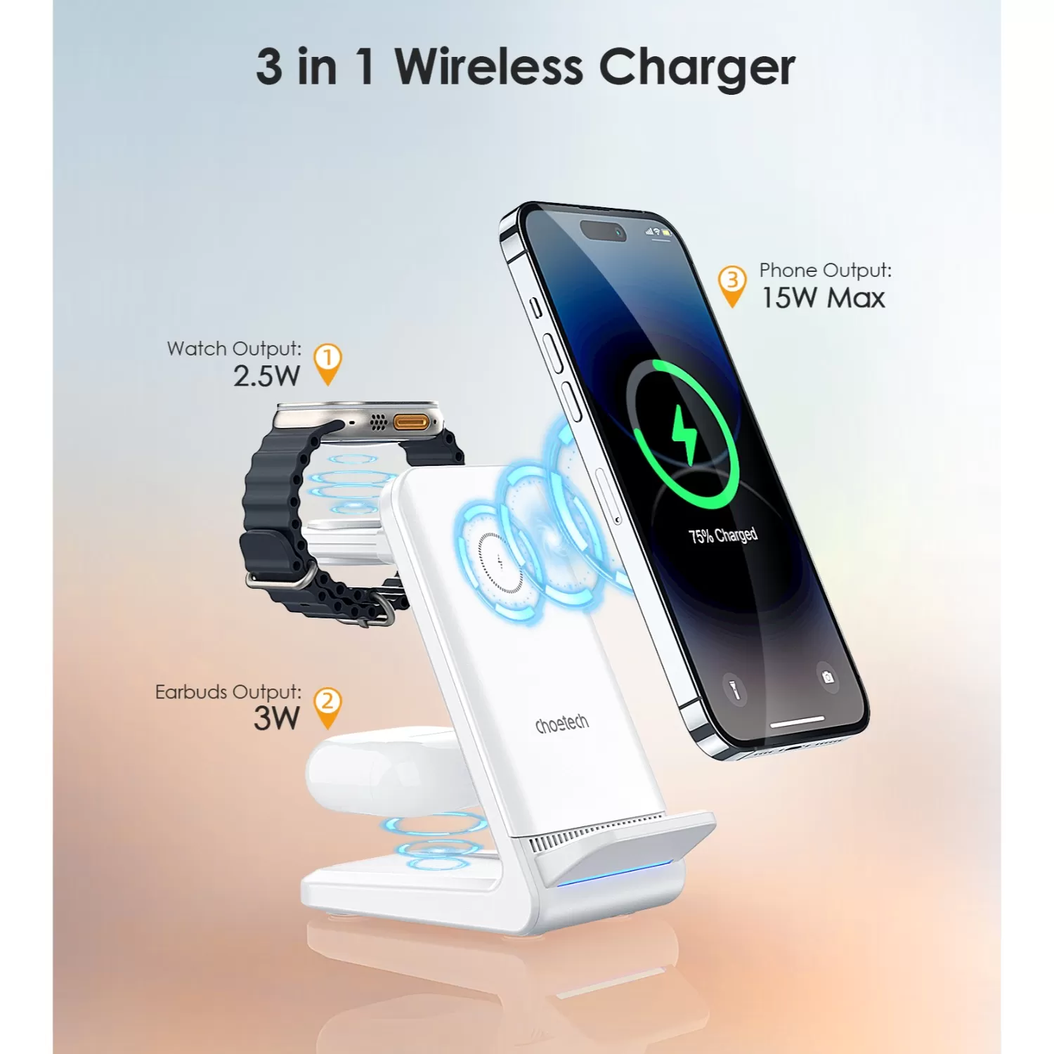 Choetech 15W 3-in1 Magnetic Wireless Charger - White - Image 5