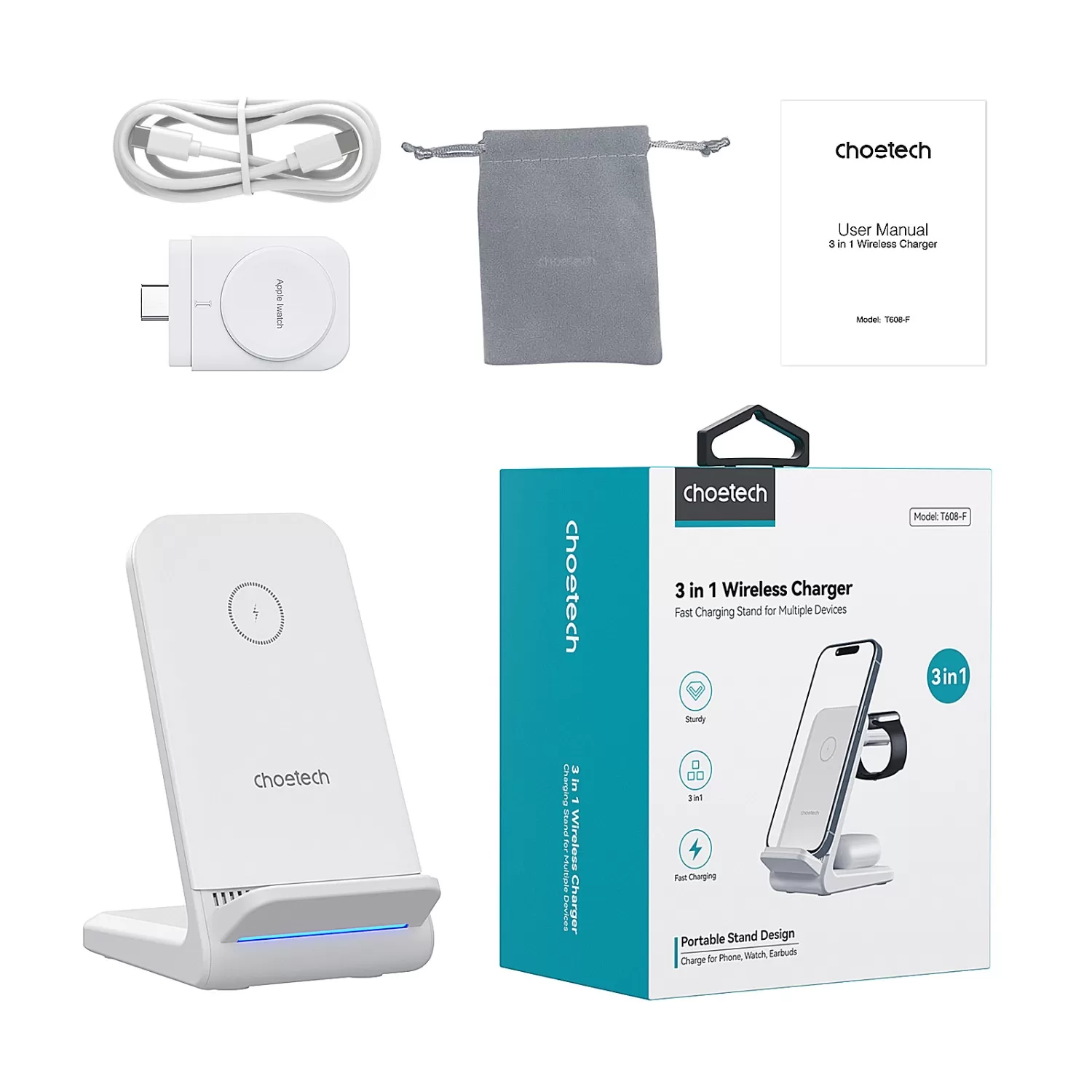 Choetech 15W 3-in1 Magnetic Wireless Charger - White - Image 11