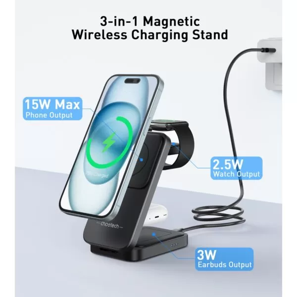 Choetech 15W Wireless Charger - 3 in 1 Magnetic Charging Stand - Image 8