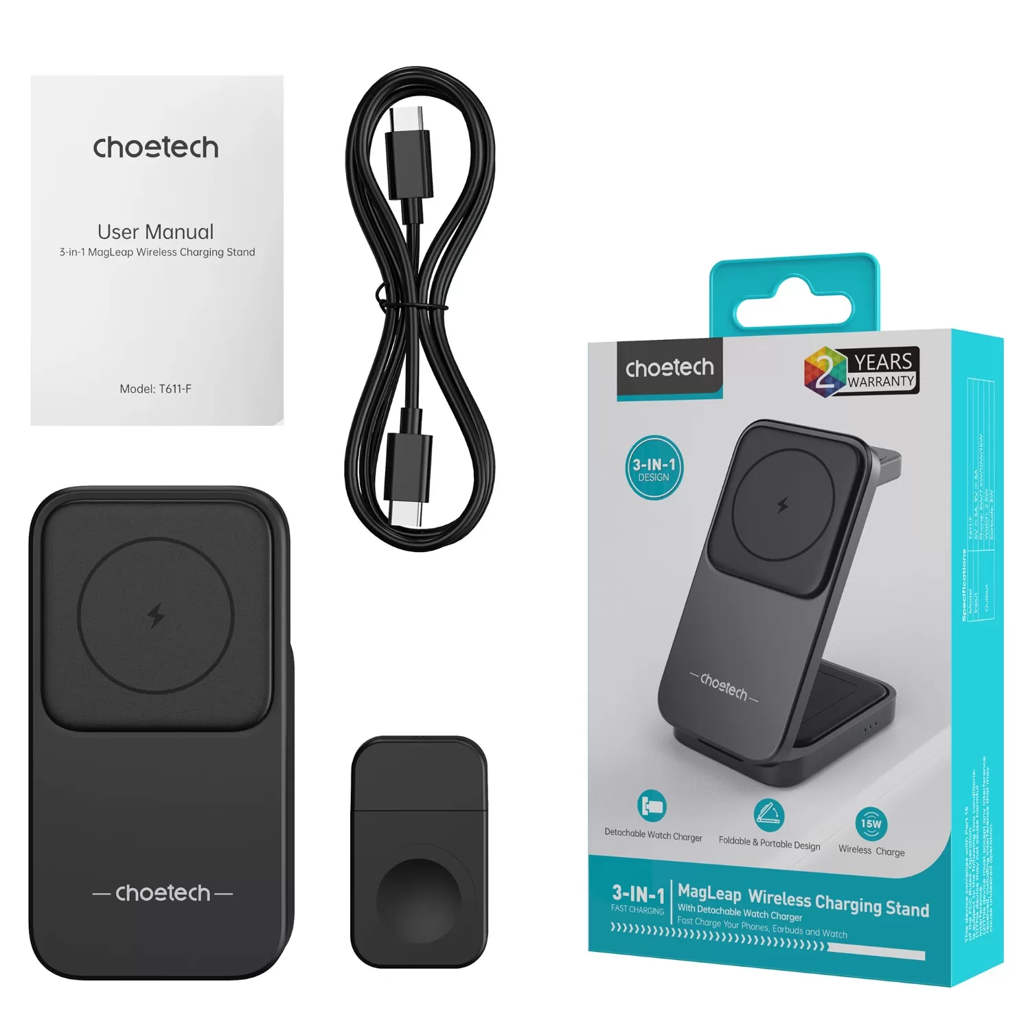 Choetech 15W 3-in-1 Magnetic Wireless Charger - Black - Image 11