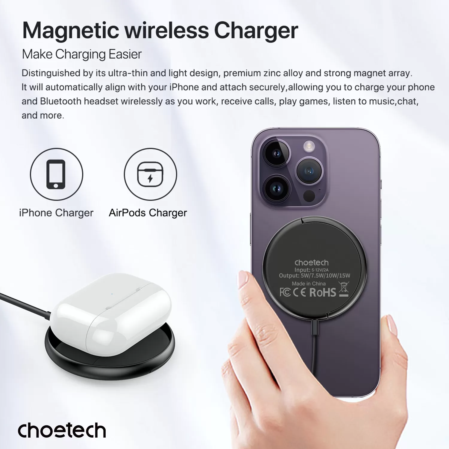 Choetech 15W Magnetic Wireless Charger - Black - Image 8