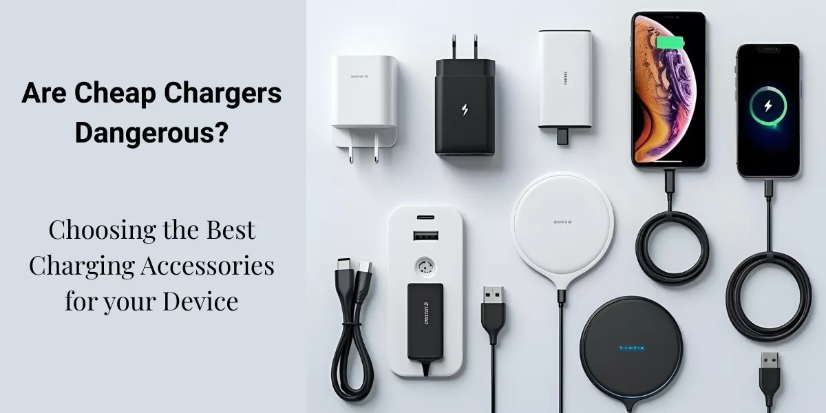 Flat lay of modern charging accessories including wall chargers, car chargers, power banks, wireless charging pads, cables, and smartphones charging.