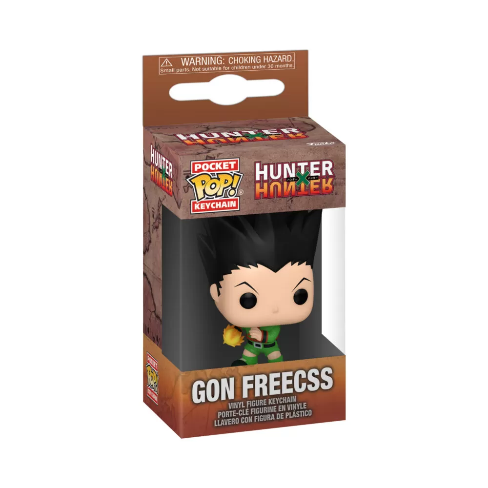 Front view of the Gon Freecss Funko Pocket Keychain in a window display box.